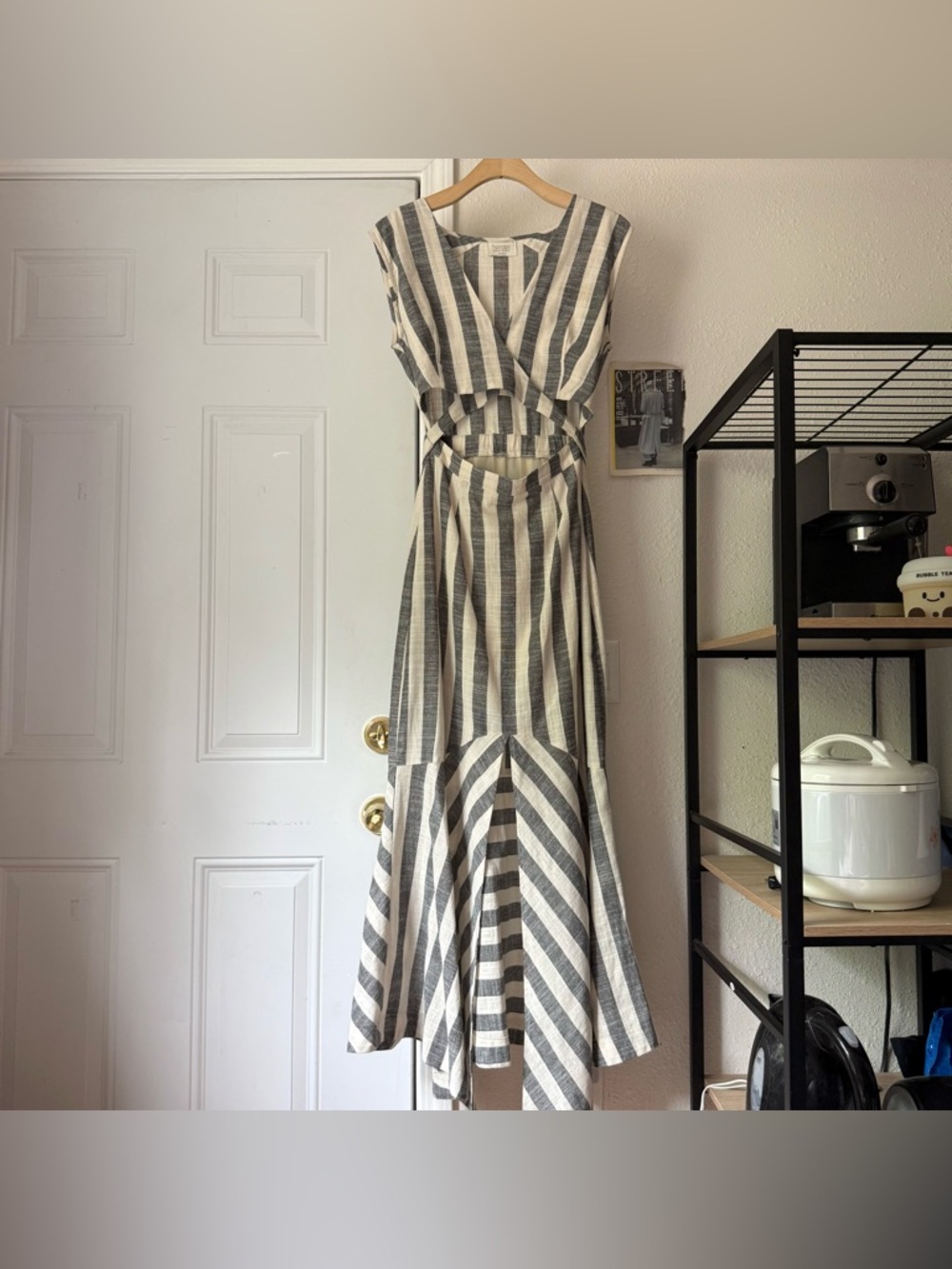 BENAAR Los Angeles grey white striped sleeveless surplice wrap cutout maxi dress